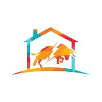 Bull with thunder and home logo design. Flash electric energy in bull. vector