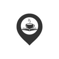 libro de café con diseño de logotipo de vector pin. logo icónico de la librería de té.
