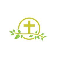 cruz de iglesia cristiana simple con diseño de logotipo vectorial de hojas de árbol. vector