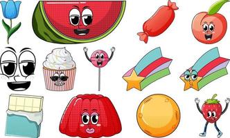 Set of objects and foods cartoon characters vector