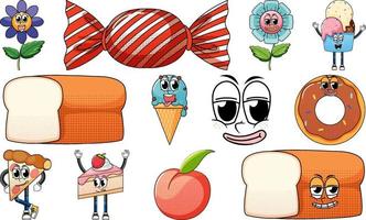 Set of objects and foods cartoon characters vector