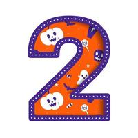 Cute Happy Halloween Number 2 Two Numeral Numeric Party Font Character Cartoon Spooky Horror Colorful Paper Cutout Type design celebration vector Illustration Skull Pumpkin Bat Witch Hat Spider Web