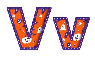 Cute Happy Halloween V Alphabet Capital Small Letter Party Font Typography Character Cartoon Spooky Horror colorful Paper Cutout Type design celebration vector Illustration Skull Pumpkin Bat Witch Hat