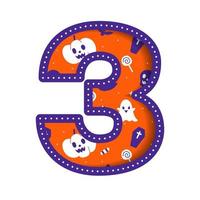 Cute Happy Halloween Number 3 Three Numeral Numeric Party Font Character Cartoon Spooky Horror Colorful Paper Cutout Type design celebration vector Illustration Skull Pumpkin Bat Witch Hat Spider Web