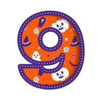 Cute Happy Halloween Number 9 Nine Numeral Numeric Party Font Character Cartoon Spooky Horror Colorful Paper Cutout Type design celebration vector Illustration Skull Pumpkin Bat Witch Hat Spider Web