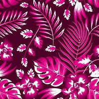 Trending abstract seamless pattern with pink monochromatic tropical plants leaves and flowers on dark background. Vector design. Jungle print. Floral background. Printing and textiles. Exotic Summer.