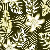 exotic abstract seamless pattern with green monochromatic tropical banana palm leaves and hibiscus flowers plants foliage on dark background. Vector design. Jungle print. Floral background. autumn