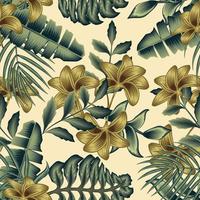 gold natural abstract flowers illustration on beige background fashionable texture with green tropical banana palm leaves and plants foliage. Vintage botanical wallpaper. Template interior design vector