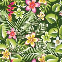 ilustración botánica abstracta de patrones sin fisuras con coloridas hojas tropicales y follaje de plantas de flores sobre fondo verde oscuro. impresión de la selva. fondo floral. imprenta y textil. trópico exótico vector