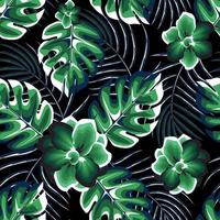 night shining palm leaves background vector design texture with green abctract monstera plant foliage and jasmine flower. Floral background. Summer design. jungle print wallpaper. interior wallpaper
