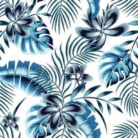 fondo transparente de tendencia de verano con hojas de palmeras tropicales y plantas de flores sobre fondo blanco. diseño vectorial impresión de la selva. fondo floral. imprenta y textiles. trópicos exóticos. temática de verano vector