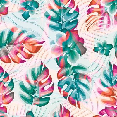 colorful abstract tropical monstera palm seamless pattern white blue jasmine flower. nature pattern. seamless decorative. floral background. Summer design. print textile. tropical background. spring