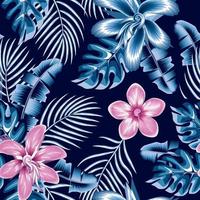 abstract blue pink in monochromatic style hibiscus flowers seamless pattern with banana monstera palm leaves and plant foliage on night background. Exotic Floral background. Summer themed. nature. vector