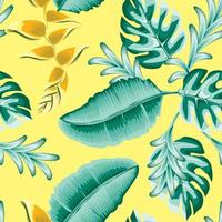 Abstract green tone tropical leaves and yellow orange bird of paradise flowers on the light background. Seamless realistic vector composition, trendy botanical pattern. Floral background. Summer