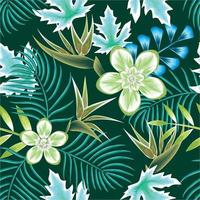 Abstract jungle illustration seamless pattern with tropical leaves and frangipani flowers plants foliage on dark background. Vector design. Jungle print. Floral background. Exotic wallpaper. Summer