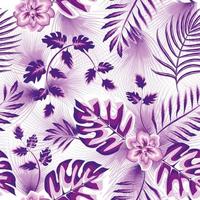 patrón de otoño sin costuras con hermoso vector de fondo de flor de jazmín púrpura decorativo y follaje de planta de helecho monstera tropical sobre fondo claro. textura de moda. fondo floral. el verano