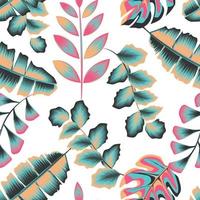 playa alegre papel tapiz patrón sin costuras con coloridas hojas de monstera de plátano tropical y follaje sobre fondo blanco. colorido floral con estilo. hojas exóticas pintadas. diseño de verano. decoración de otoño vector