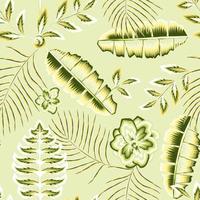 beautiful jasmine flower seamless pattern fashionable texture with green banana palm leaves and plants foliage in monochromatic style on light background. Floral background. Exotic tropics. Summer vector