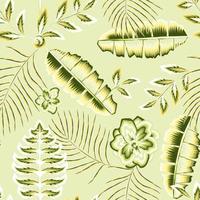 beautiful jasmine flower seamless pattern fashionable texture with green banana palm leaves and plants foliage in monochromatic style on light background. Floral background. Exotic tropics. Summer vector