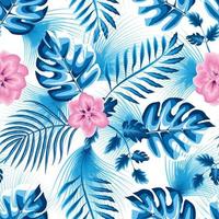 abstract seamless pattern with colorful tropical monstera fern leaves and pink jasmine flower plant foliage on white background. Vector design. Jungle print. Floral background. Exotic Summer. spring