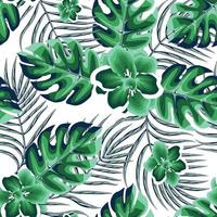 seamless tropical pattern with green monochromatic monstera palm leaves and jasmine flowers plants on white background. Beautiful exotic plants. Trendy summer Hawaii print. Floral background. fall vector