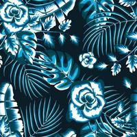 night forest background vector design with blue monochromatic abstract flowers plants foliage and banana monstera palm leaves on dark. Floral background. beach pattern. Summer design. wallpaper. fall