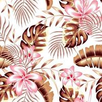 fondo sin costuras de otoño con flores de color rosa, hojas de palma de monstera marrón y patrón sin costuras de árbol de plátano sobre fondo blanco. fondo floral. trópicos exóticos. diseño de verano. primavera. naturaleza vector