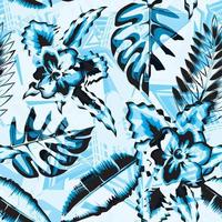plantas tropicales abstractas azules y patrón sin costuras de follaje con flores de jazmín sobre fondo de gerunge. papel pintado de la naturaleza. textura de impresión de moda. fondo floral. trópicos exóticos. diseño de verano vector