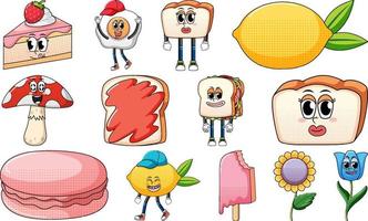 Set of objects and foods cartoon characters vector