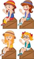 Set of different cute girls sitting on wooden box vector