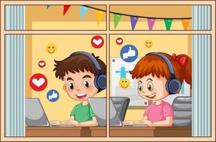 Children browsing social media on laptop at home vector