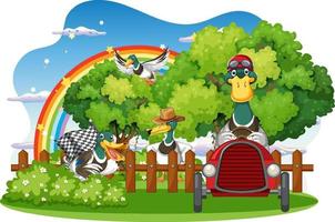 Happy duck group in nature scene vector