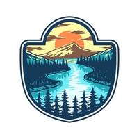 Vector illustration of lake, mountain and sunset