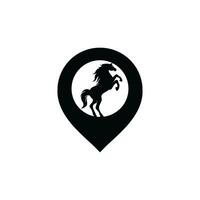 diseño de logotipo de puntero de caballo y mapa. diseño del logotipo del localizador de caballos. icono de lugar de animales. vector