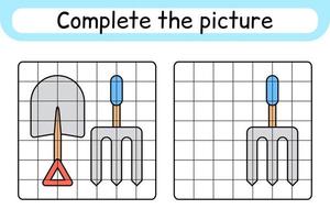 completa la imagen tridente y pala. copiar la imagen y el color. terminar la imagen. libro de colorear. juego educativo de ejercicios de dibujo para niños vector