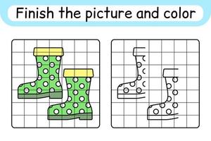 Complete the picture boots. Copy the picture and color. Finish the image. Coloring book. Educational drawing exercise game for children vector