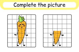 Complete the picture carrot. Copy the picture and color. Finish the image. Coloring book. Educational drawing exercise game for children vector