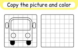 copiar la imagen y el bus de color. completa la imagen terminar la imagen. libro de colorear. juego educativo de ejercicios de dibujo para niños vector