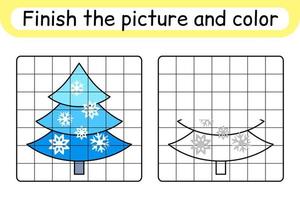 Complete the picture christmas tree. Copy the picture and color. Finish the image. Coloring book. Educational drawing exercise game for children vector