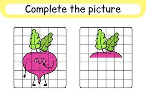 Complete the picture beetroot. Copy the picture and color. Finish the image. Coloring book. Educational drawing exercise game for children vector