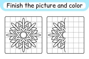 Complete the picture snowflake. Copy the picture and color. Finish the image. Coloring book. Educational drawing exercise game for children vector