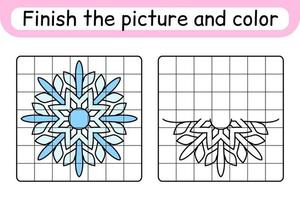 Complete the picture snowflake. Copy the picture and color. Finish the image. Coloring book. Educational drawing exercise game for children vector