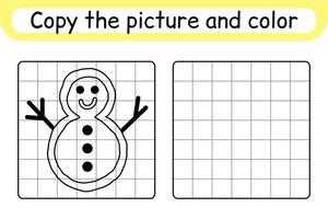 Copy the picture and color snowman. Complete the picture. Finish the image. Coloring book. Educational drawing exercise game for children vector