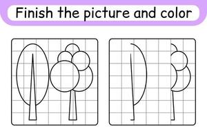 Complete the picture tree. Copy the picture and color. Finish the image. Coloring book. Educational drawing exercise game for children vector