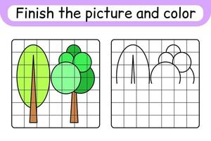 completa el árbol de imágenes. copiar la imagen y el color. terminar la imagen. libro de colorear. juego educativo de ejercicios de dibujo para niños vector