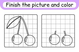 Complete the picture cherry. Copy the picture and color. Finish the image. Coloring book. Educational drawing exercise game for children vector