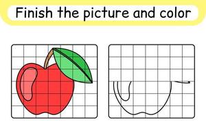 Complete the picture apple. Copy the picture and color. Finish the image. Coloring book. Educational drawing exercise game for children vector