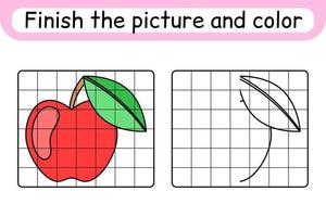 Complete the picture apple. Copy the picture and color. Finish the image. Coloring book. Educational drawing exercise game for children vector