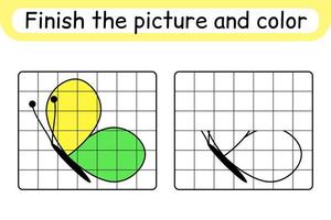 Completa la imagen de la mariposa. copiar la imagen y el color. terminar la imagen. libro de colorear. juego educativo de ejercicios de dibujo para niños vector