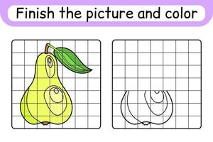 Complete the picture pear. Copy the picture and color. Finish the image. Coloring book. Educational drawing exercise game for children vector